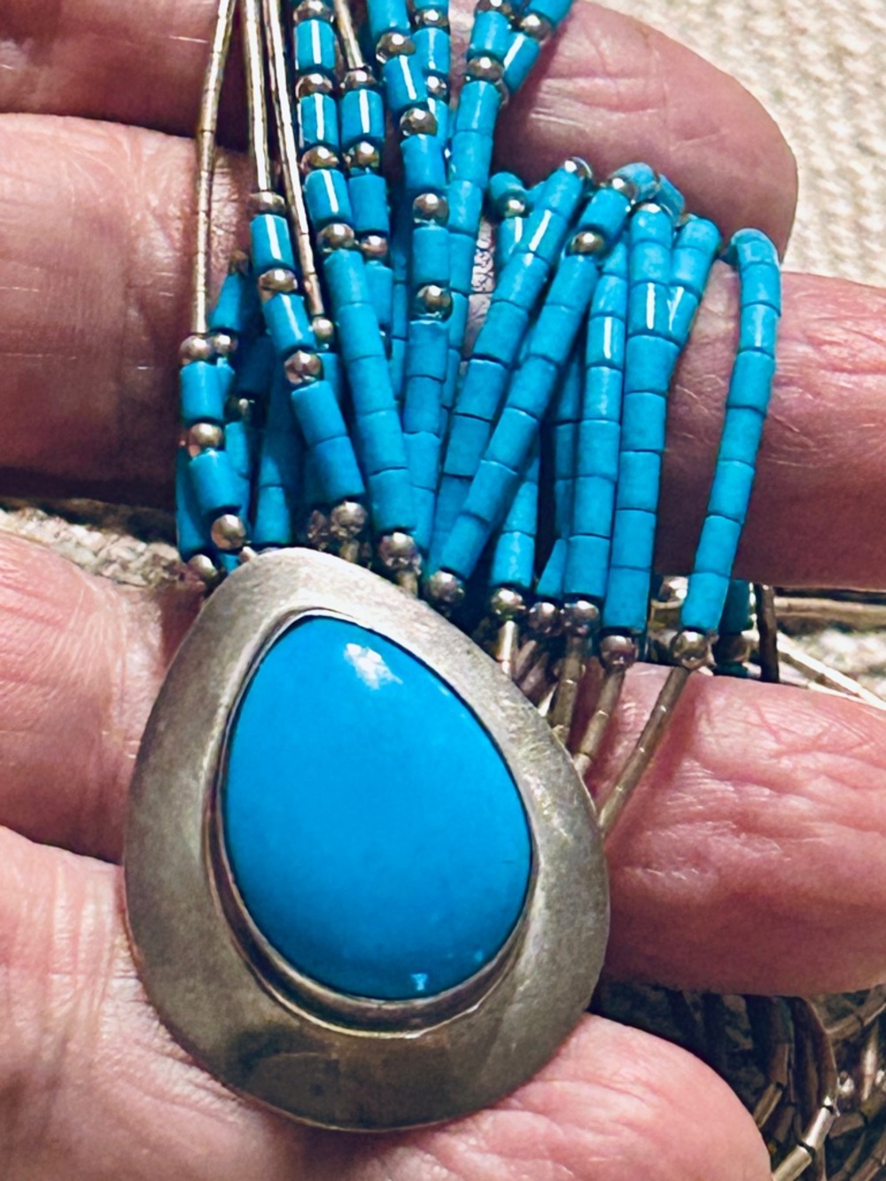 Liquid Silver Turquoise 10 Strand ZUNI or NAVAJO Necklace Artist Signed S E Ster - Picture 7 of 9